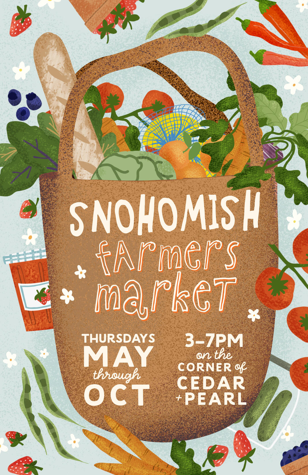 11x17 Poster of bag with veggies and fruits surrounding and info about the Snohomish Farmers Market