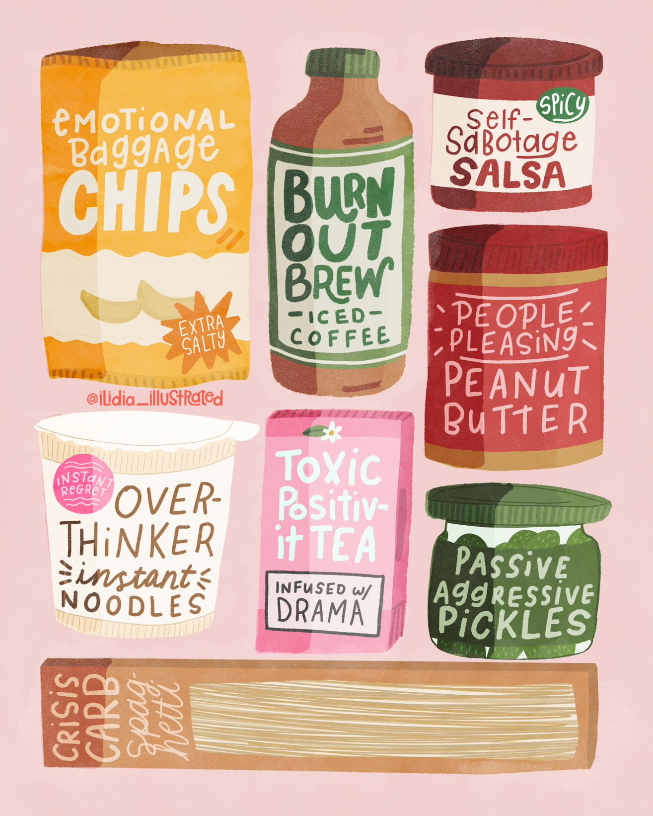 A collection of grocery items but with different labels.