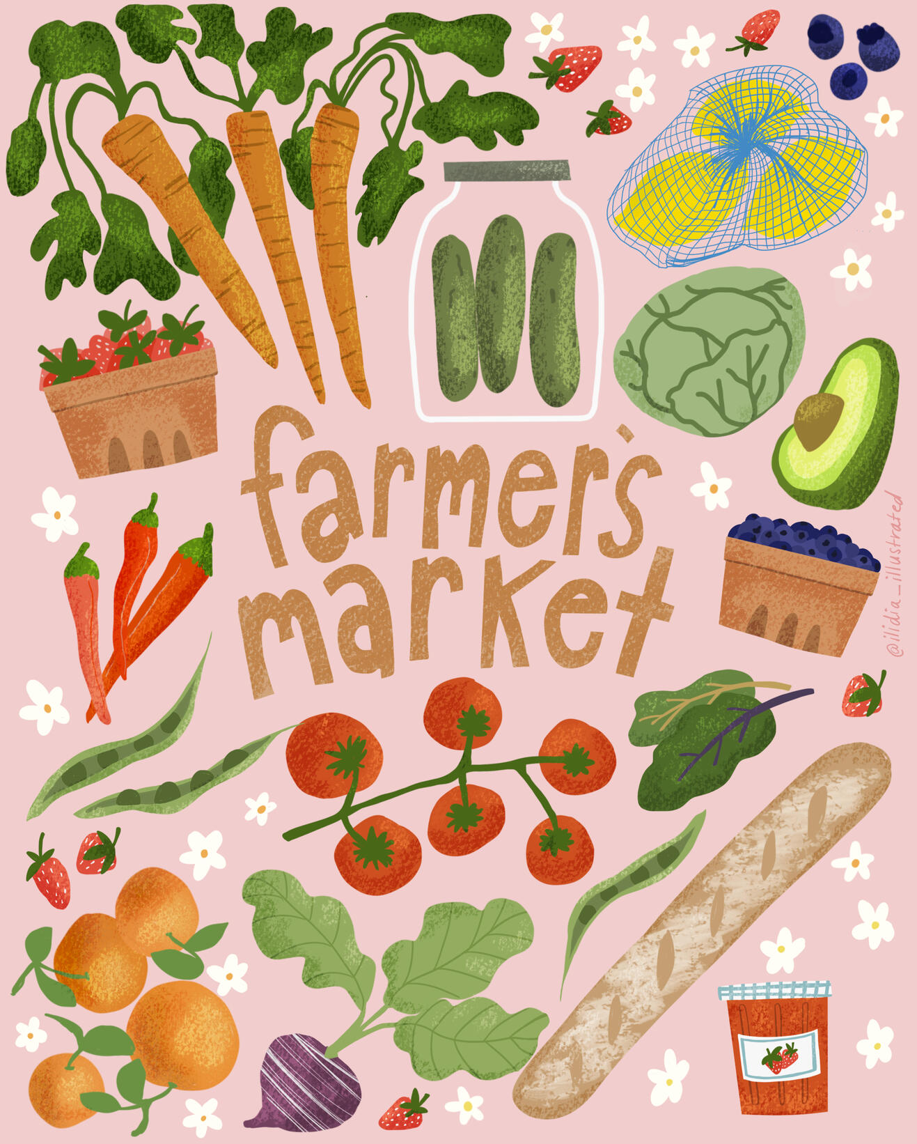 A collection of various fruits, vegtables, jam and breads at the market.