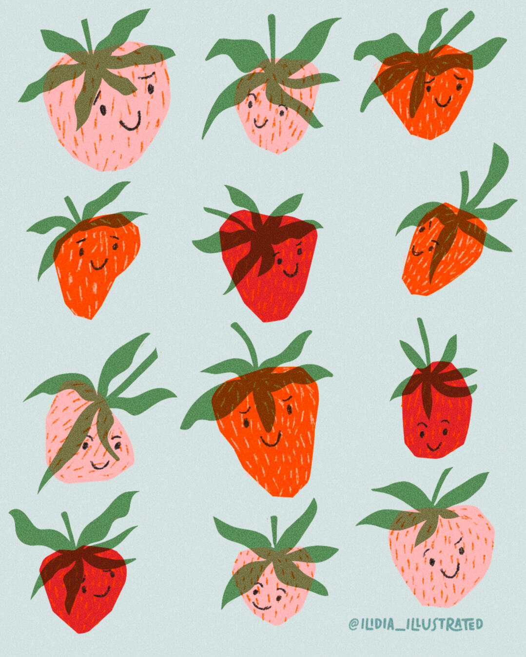 12 Strawberries on a page all showing off their smiles.