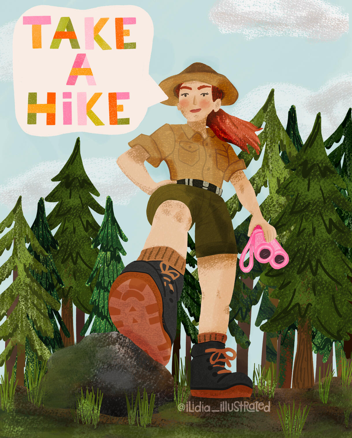 Woman Ranger with binoculars, telling viewers to take a hike!