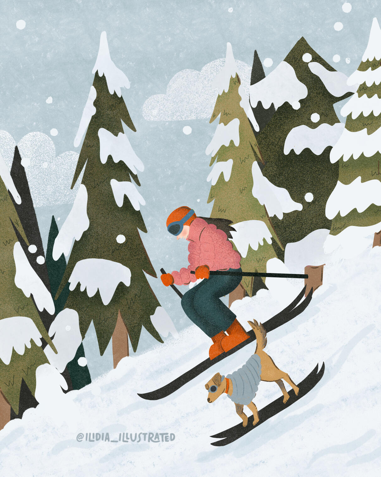 A dog and a woman skiing down a snowy mountain.