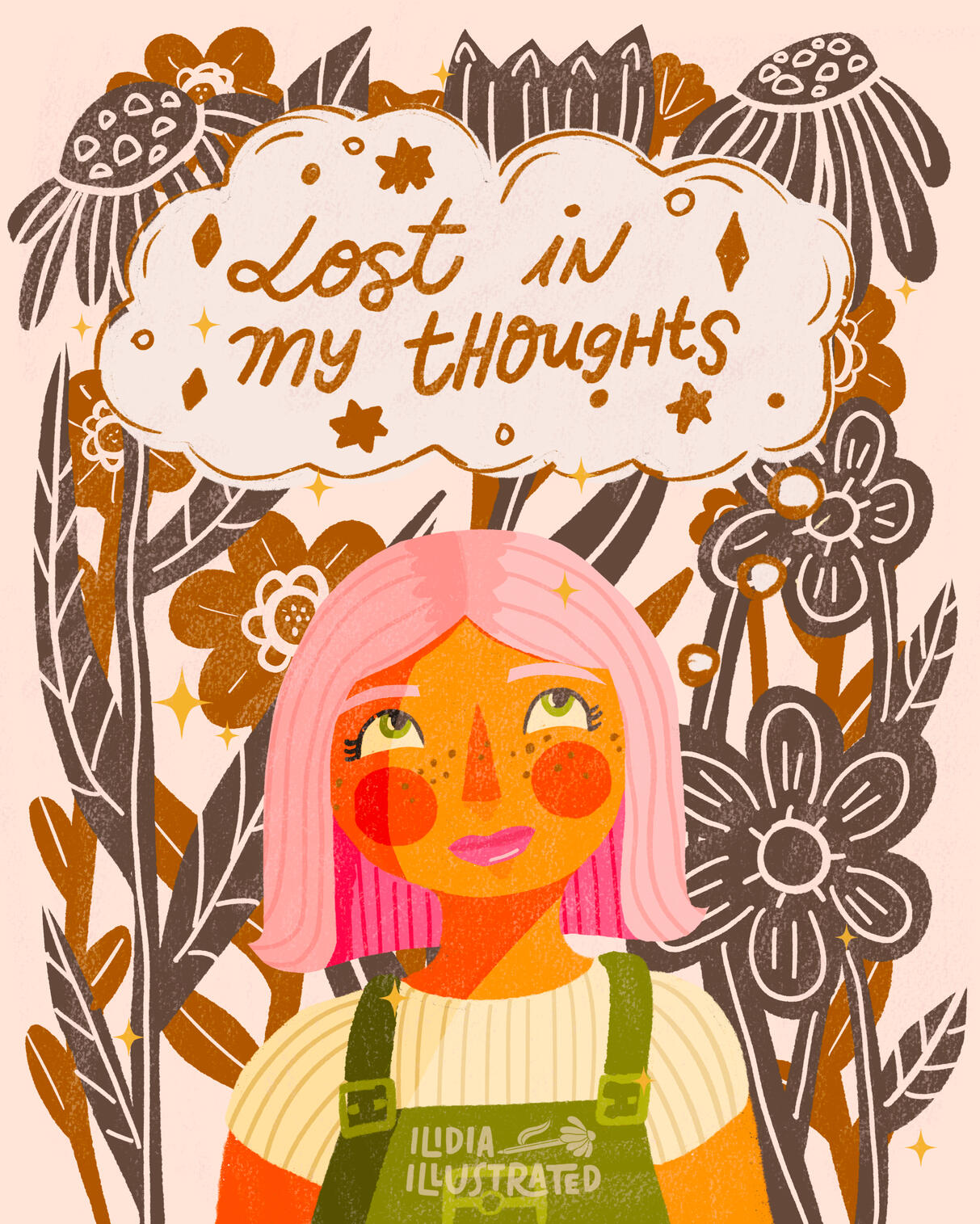 Girl daydreaming, lost in her thoughts with a flower background.